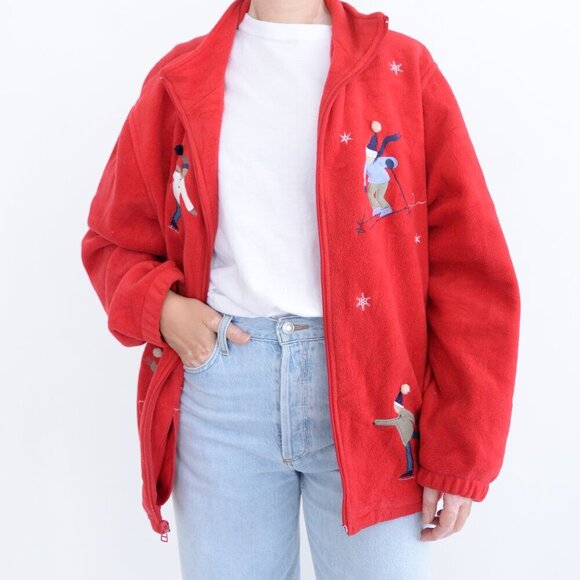 Northern Reflections Red Embroidered Skaters Winter Fleece Zip Up Sweater Xl - Picture 1 of 12
